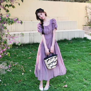 法式别致绝美气质紫色连衣裙女2024夏季新款收腰桔梗高级感长裙子