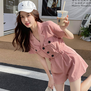 粉色收腰西装领连体短裤女2023夏季新款韩版小个子洋气连衣裤套装