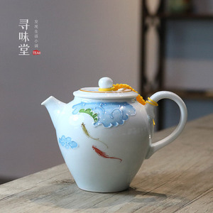 浮雕手绘 小茶壶｜雅致甜白瓷球孔茶壶荷趣山水海浪 家用功夫茶具