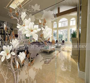 上海艺术玻璃隔断玄关现代深雕屏风简约双面立体玉兰花客厅雕花