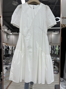24夏季新品纯白色过膝显瘦长裙个性设计感拼接短袖连衣裙女高级感