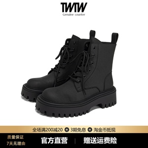 TWTW官方正品大牌英伦风圆头短靴女黑色系带机车靴子黑色马丁靴潮