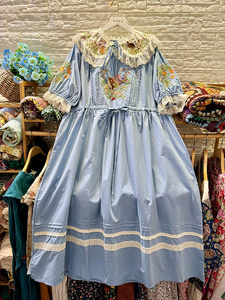 蓝色长裙/高档精细棉布/连衣裙长款夏季短袖蕾丝花边翻领刺绣宽松
