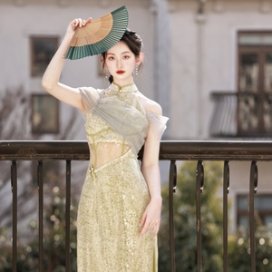 新中式重工珠片改良旗袍裙女2024年夏季新款晚宴礼服露腰款连衣裙