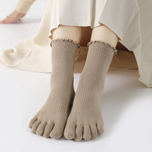 秋冬五指袜女中筒纯棉女式带脚趾头袜子堆堆袜木耳边松口袜女指袜