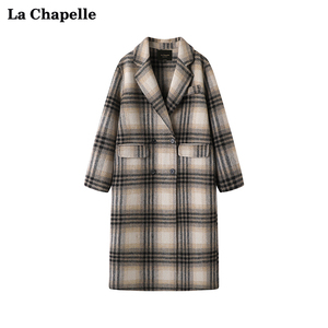 拉夏贝尔/La Chapelle翻领复古双排扣格子双面毛呢大衣外套女冬季