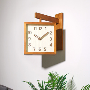 创意个性简约方形双面实木书房小清新挂钟中式静音时钟卧室小钟表