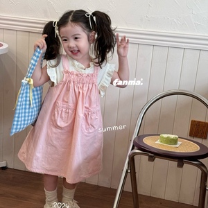 凡妈童装2024夏季新款韩系女童宝宝小童洋气棉布吊带连衣裙两件套