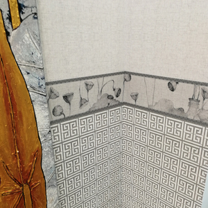 新古典荷花腰线搭配素色回纹格子上中下一体无缝墙布中式客厅壁布