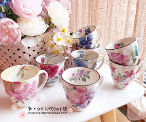包邮现货日本美浓烧和蓝陶瓷水彩花卉繁花十二个月花语马克杯子
