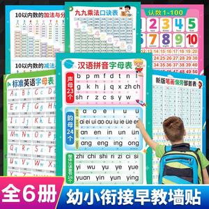 幼小衔接挂图全套6张 幼儿园数学识字拼音挂图儿童启蒙早教学习 宝宝声母韵母认知 九九乘法口诀表汉语拼音字母表英语字母表墙贴