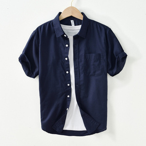 日系简约棉麻短袖衬衣夏季穿搭男士商务休闲薄款深蓝纯色透气开衫