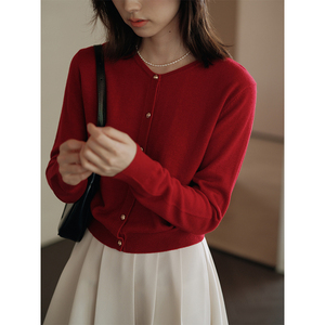 MIXABO法式红色圆领羊毛针织开衫女内搭秋款订婚上衣显瘦短款毛衣