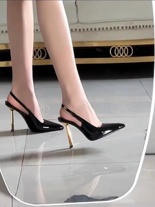 古力娜扎同款黑色方头高跟鞋女细跟2024新款漆皮性感单鞋法式凉鞋