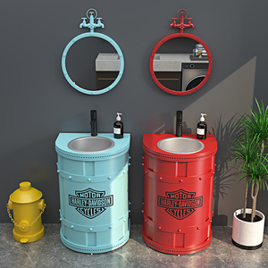 工业风不锈钢立柱洗漱台盆酒吧商用创意集装箱个性油桶彩色洗手池