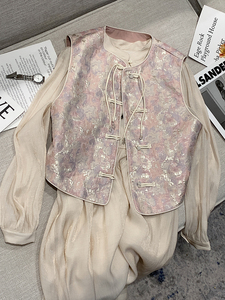 TTBT粉色新中式国风刺绣马甲+米色连衣裙套装春夏时尚气质两件套