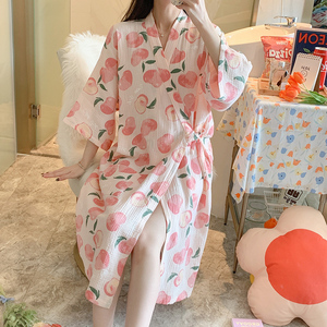 日系睡裙女夏纯棉纱布半袖宽松睡袍日式和服薄款大码浴袍奶牛睡衣
