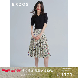 ERDOS 春夏纯棉小翻领内搭针织衫女复古小香风泡泡袖镂空修身短袖