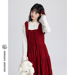 咸鱼衣橱 新中式背带连衣裙女春季甜美小红裙小个子红色打底裙子