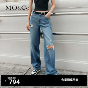 MOCO中腰宽松长直筒破洞显瘦法棍美式复古牛仔裤裤子女