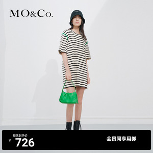 MOCO爱心织唛刺绣落肩条纹短袖连衣裙气质高端裙子女摩安珂