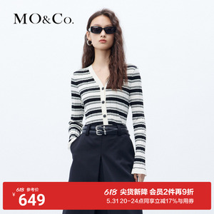 MOCO黑白条纹肌理法式短款V领修身显瘦针织衫开衫上衣