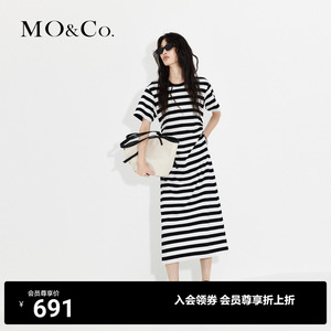 MOCO棉质黑白条纹抽绳镂空短袖连衣裙小众休闲气质裙子