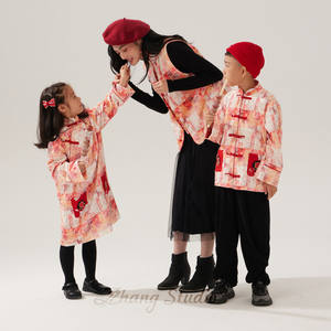 原创设计亲子装拜年服红色不规则格子丝绒外套母女母子装旗袍裙