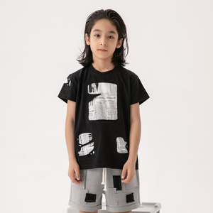 SIMPLE BLACK 暗黑风韩版中小男女童破洞乞丐风报纸短袖T恤