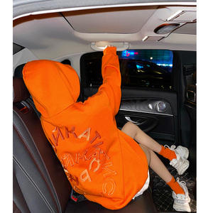 美式大码橘色中长款卫衣女2022年新款加绒刺绣宽松连帽外套冬加厚