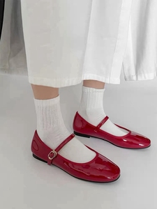 韩版CHIC夏季小红鞋~平底圆头一字扣单鞋通勤浅口复古玛丽珍皮鞋