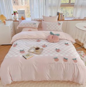 【富山草莓】可爱少女心格子水蜜桃全棉水洗棉四件套纯棉被套床单