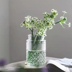 小花瓶摆件水晶玻璃透明复古浮雕插海棠桃花器客厅台面装饰风信子