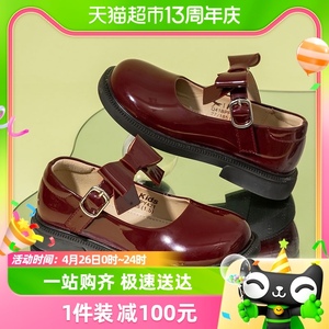 红蜻蜓女童鞋2024春季新款亮面皮鞋甜美公主蝴蝶结新年红色单鞋子