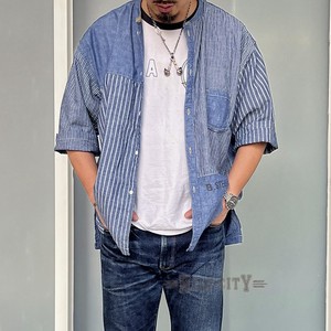 日本GYPSY SONS蓝染青年布拼接立领水洗做旧复古5分袖短袖衬衣