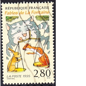 法国信销邮票 1995年 拉封丹寓言 6-5：《猫，黄鼠狼和兔子》