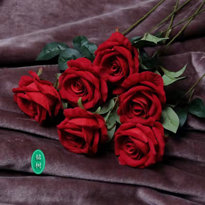 红色玫瑰单头朵束客厅装饰假绢仿真花绒布单支只摆放大朵桌面婚纱