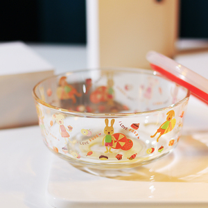玻璃碗 家用 耐热日式保鲜密封便当盒圆形便携可爱米饭沙拉创意