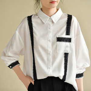 天然出品  休闲文艺黑色织带拼接纯白色衬衫春季外套CA2005