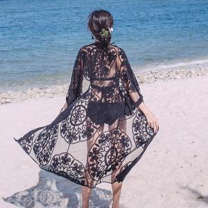 巴厘岛度假沙滩比基尼泳衣开衫性感镂空蕾丝长袖黑色长款罩衫4820