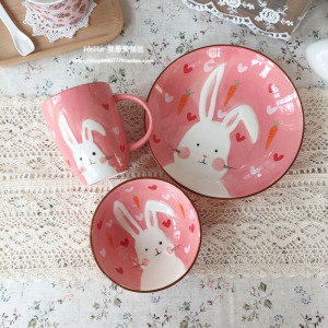 原单出口手绘可爱粉粉小白兔 陶瓷碗米饭碗陶瓷盘菜盘陶瓷杯水杯
