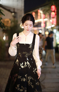 Fdress寄信 新中式黑色假两件连衣裙2023新款女秋冬气质显瘦长裙