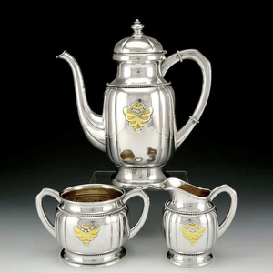 1105克西洋古董老银器 1913年丹麦纯银鎏金茶壶茶具三件套装