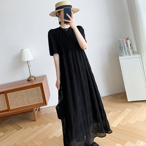 黑色长款连衣裙女夏季2024新款气质女装短袖圆领宽松显瘦品牌长裙