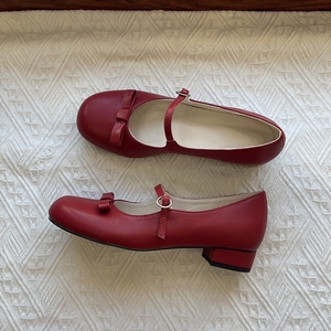 阿Q哥家 蝴蝶结法式复古小红鞋玛丽珍女鞋中跟扣带粗跟一字带单鞋