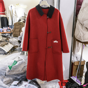 韩版秋冬季长款毛呢大衣外套女款2023新款羊毛呢子双面绒红色衣服