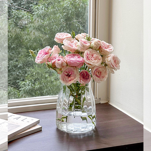 轻奢透明高级感玻璃花瓶摆件客厅插花复古餐桌矮水培玫瑰大肚宽口