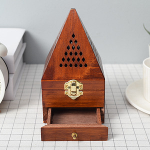 仿红木色香薰盒熏香精油收纳盒创意金字塔镂空熏香檀香盒小木盒