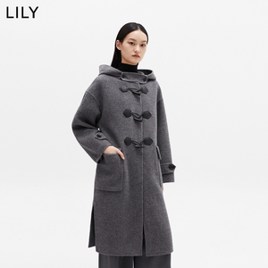 专柜正品LILY冬季女装学院风中长款连帽牛角扣绵羊毛呢大衣外套