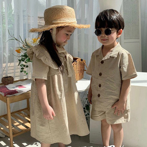 韩国男女童棉麻套装2022夏季纯色娃娃领连衣裙韩版ins时尚两件套